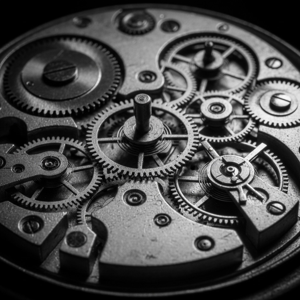 Precision chronometer mechanism detail in black and white