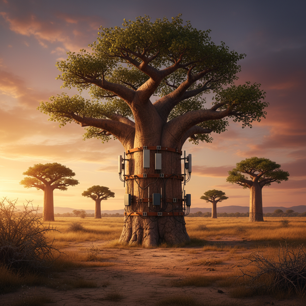 Baobab tree in northern Ghana with non-invasive cellular equipment mounted - Adansonia Pilot