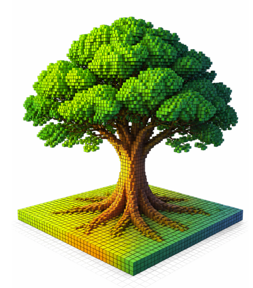 Voxelated tree model illustrating FEM decomposition into 3D cubic units