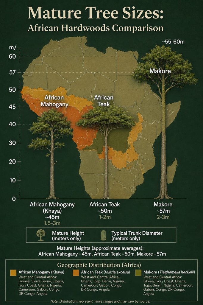 Mature Tree Sizes: African Hardwoods Comparison - African Mahogany, African Teak, and Makore height and diameter chart with geographic distribution map