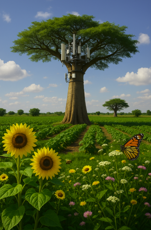 Tree tower pollinator lattice with sunflowers and butterfly