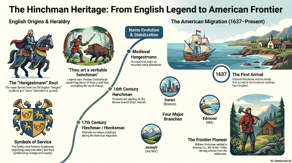 The Hinchman Heritage: From English Legend to American Frontier — infographic showing name evolution, heraldry, and American migration