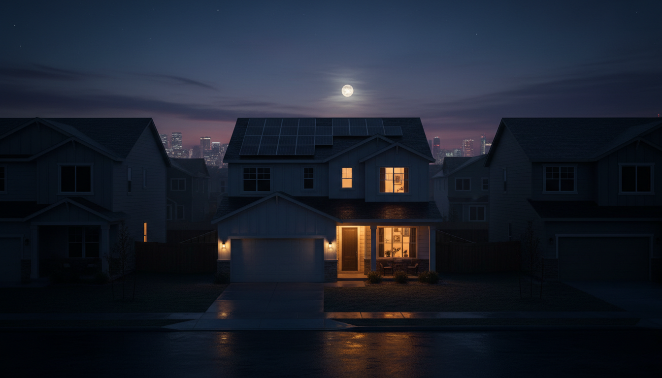 Illustration of a neighborhood during a power outage with one home still powered