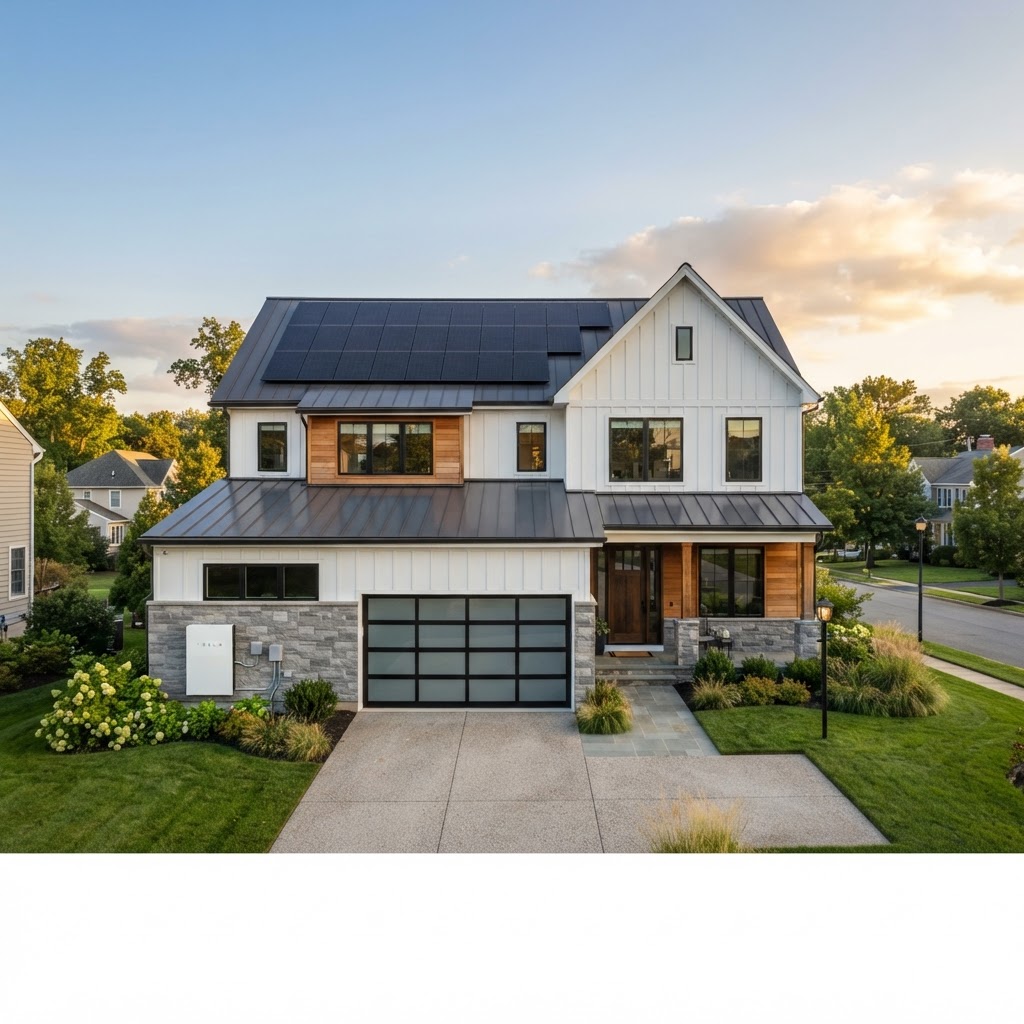 Illustration of a Delaware home with rooftop solar panels being evaluated for battery storage
