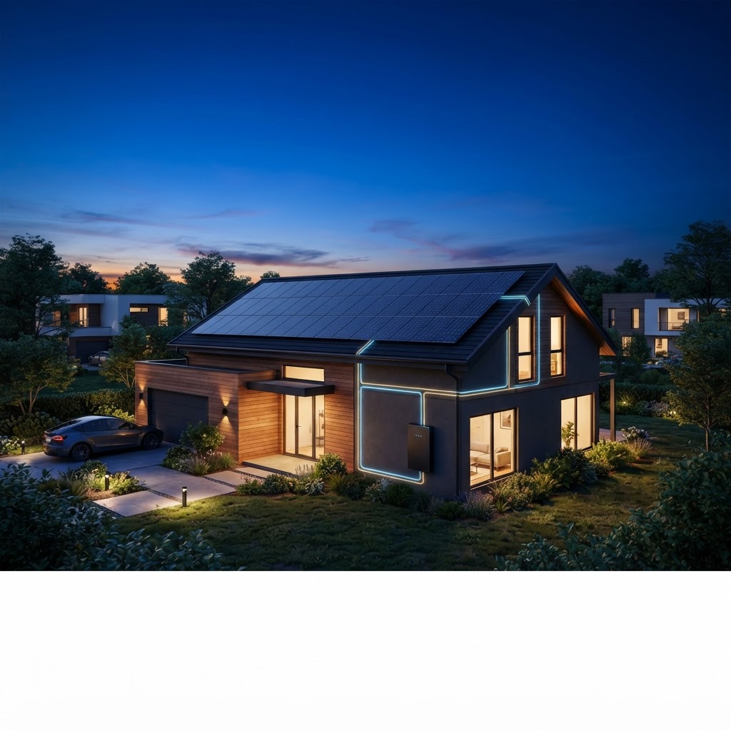 Illustration of a Delaware home with rooftop solar panels and battery storage