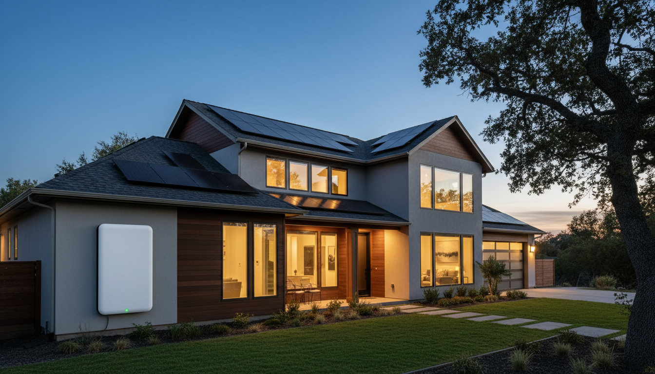 Illustration of a home with a solar and battery power system