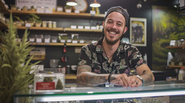 Happy budtender at dispensary
