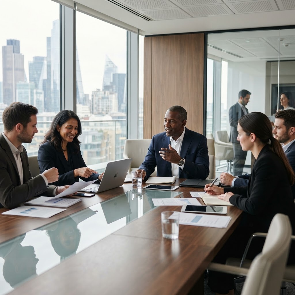 Financial professionals meeting in a modern boardroom