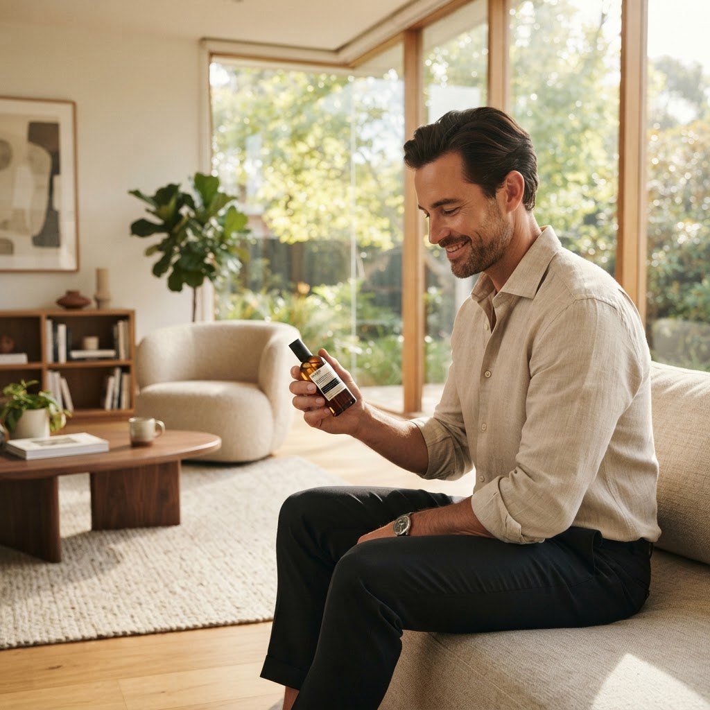 Man enjoying sandalwood fragrance in sunlit modern living room