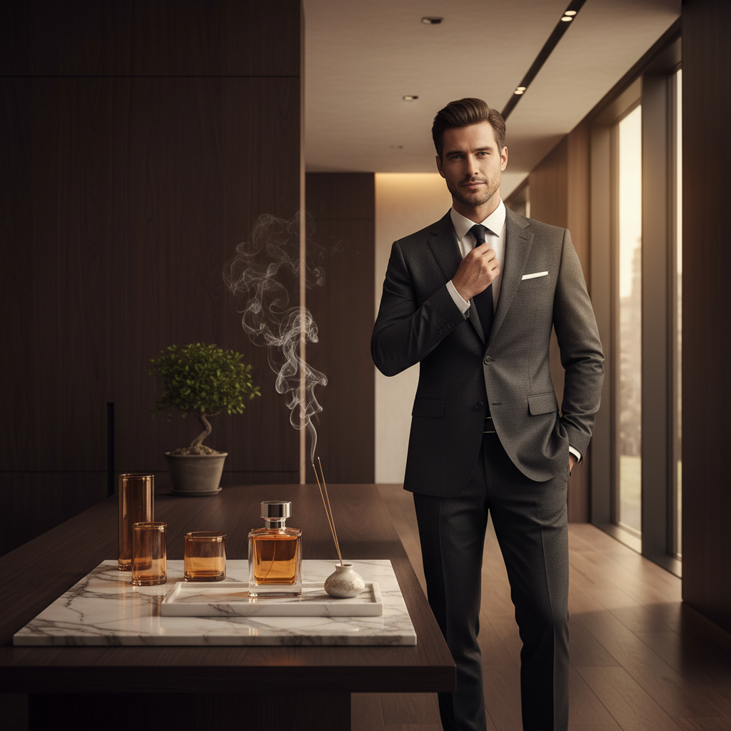 Sophisticated man in luxury oud fragrance setting with amber lighting and dark wood furniture