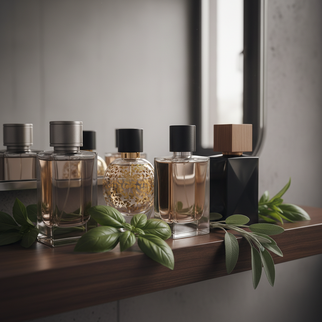 Luxury aromatic fragrance bottles collection in modern bathroom