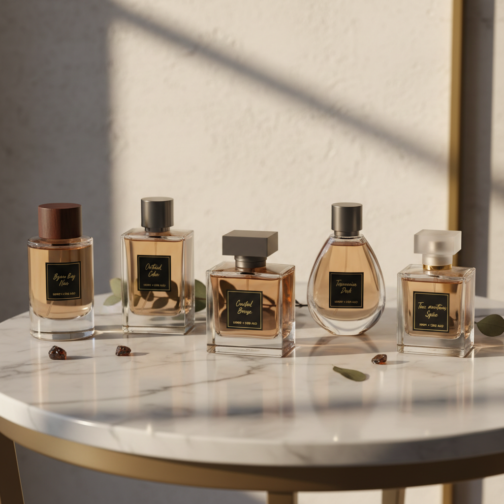 Luxury fragrance collection display with premium bottles on marble surface, sophisticated lighting