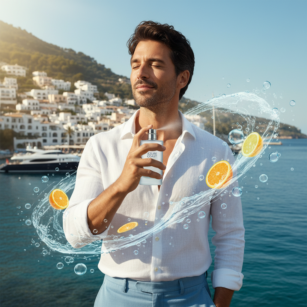 Man enjoying fresh aquatic fragrance in Mediterranean coastal setting with premium grooming aesthetic