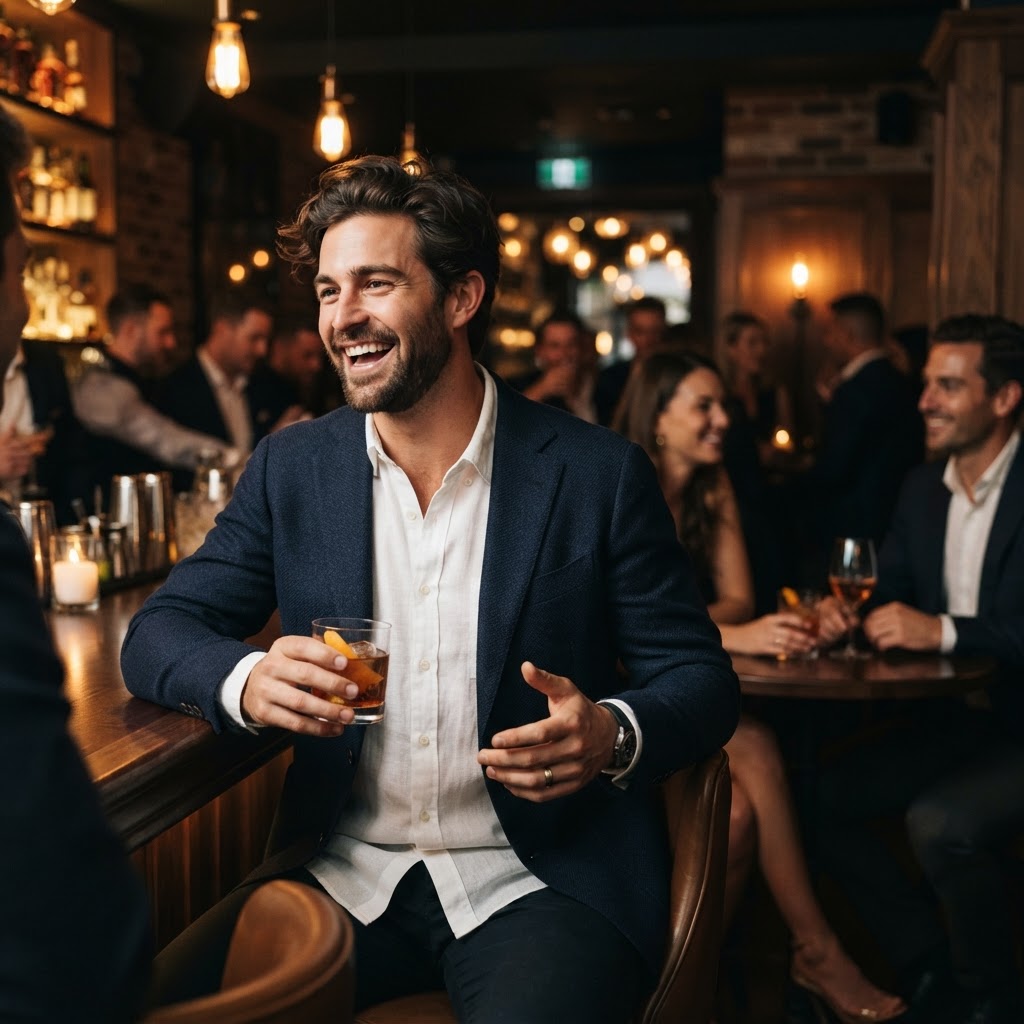Charismatic man at upscale cocktail bar receiving compliments