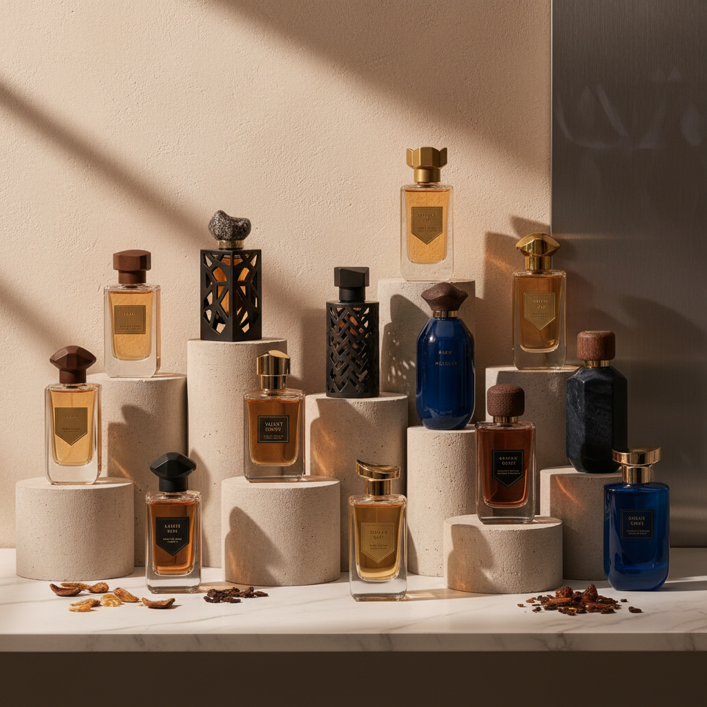 Modern luxury perfume collection display, niche fragrance bottles