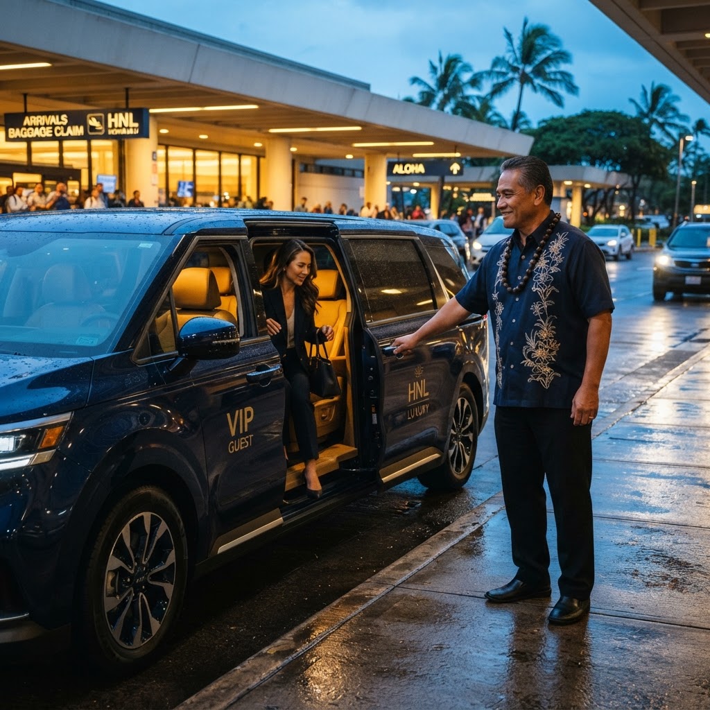Chauffeur in an aloha shirt opening the door of a 2027 Kia Carnival for a guest at Honolulu airport