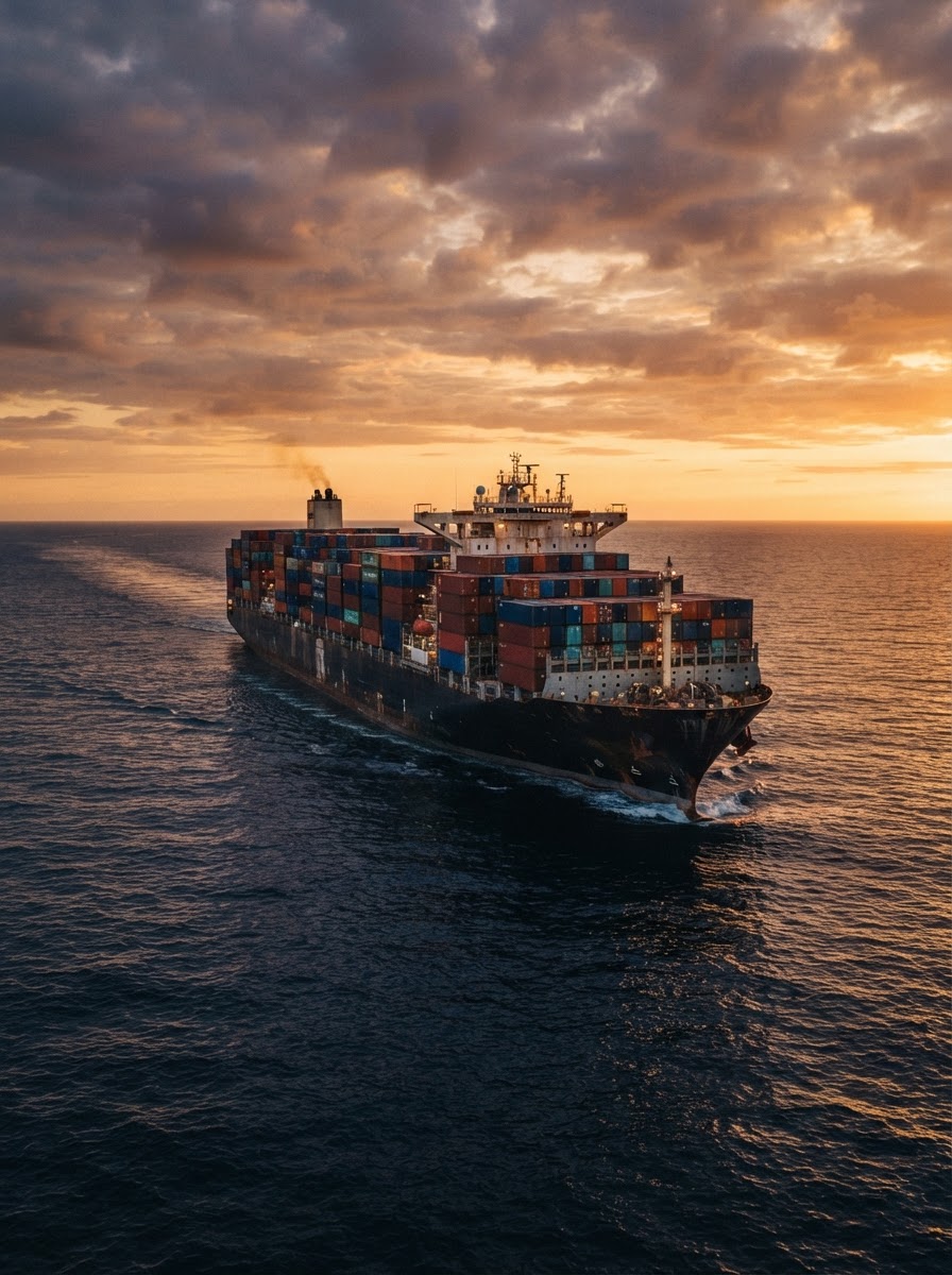 Container ship at sea at golden hour