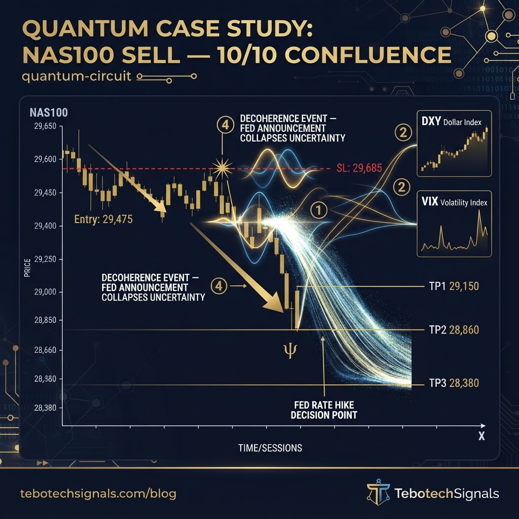 Quantum Case Study: NAS100 SELL — How 7 Quantum Computing Principles Explain a 10/10 Confluence Trade