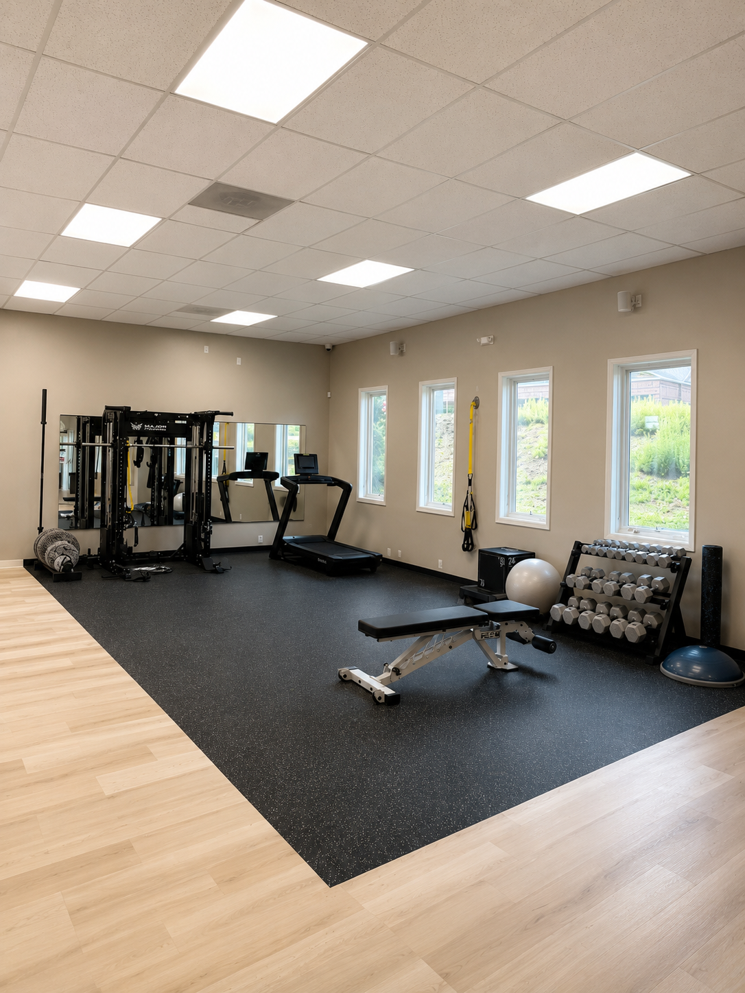 Modern gym with strength training equipment and natural light