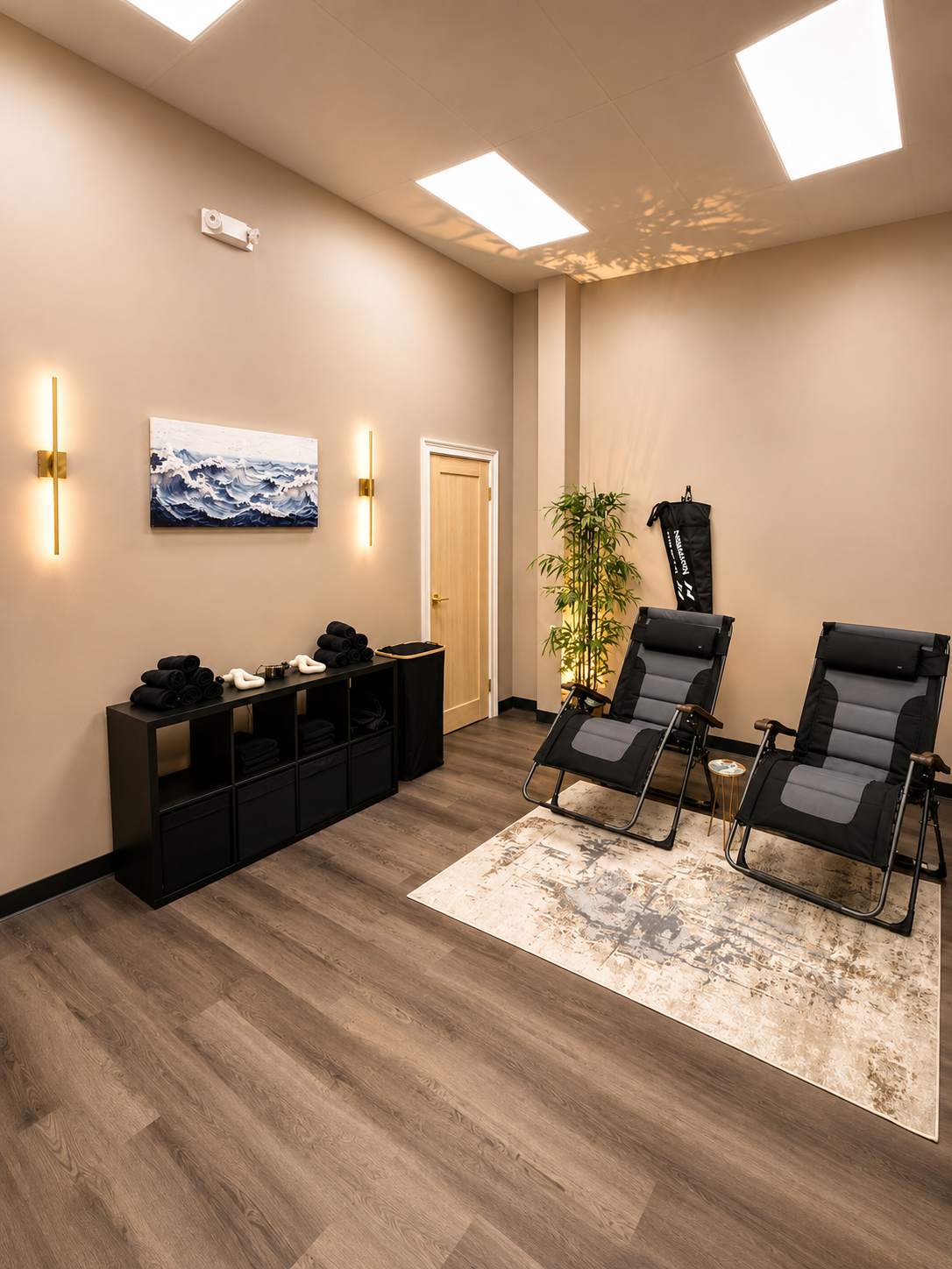 Recovery Room with reclining chairs set up for Normatec compression therapy