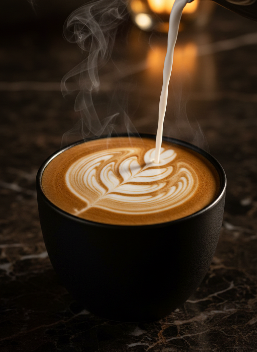 Artistic latte art being poured, swirling milk pattern in dark espresso