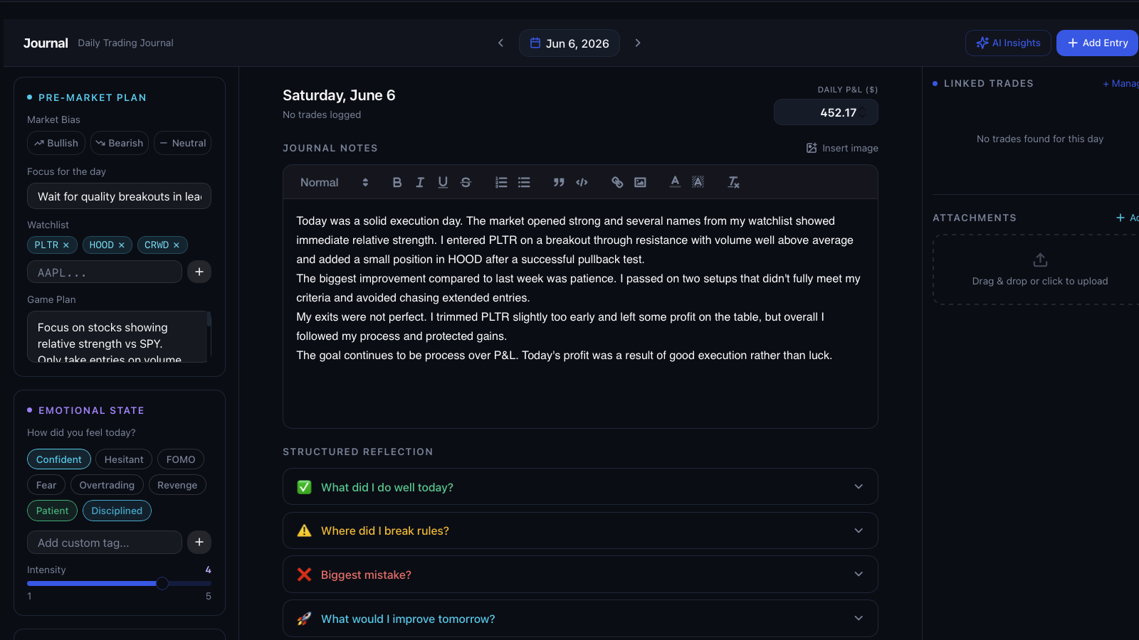 Journal daily plans, emotions, and lessons