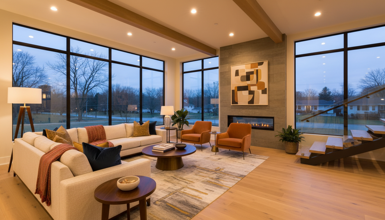 Modern living room with warm ambient lighting
