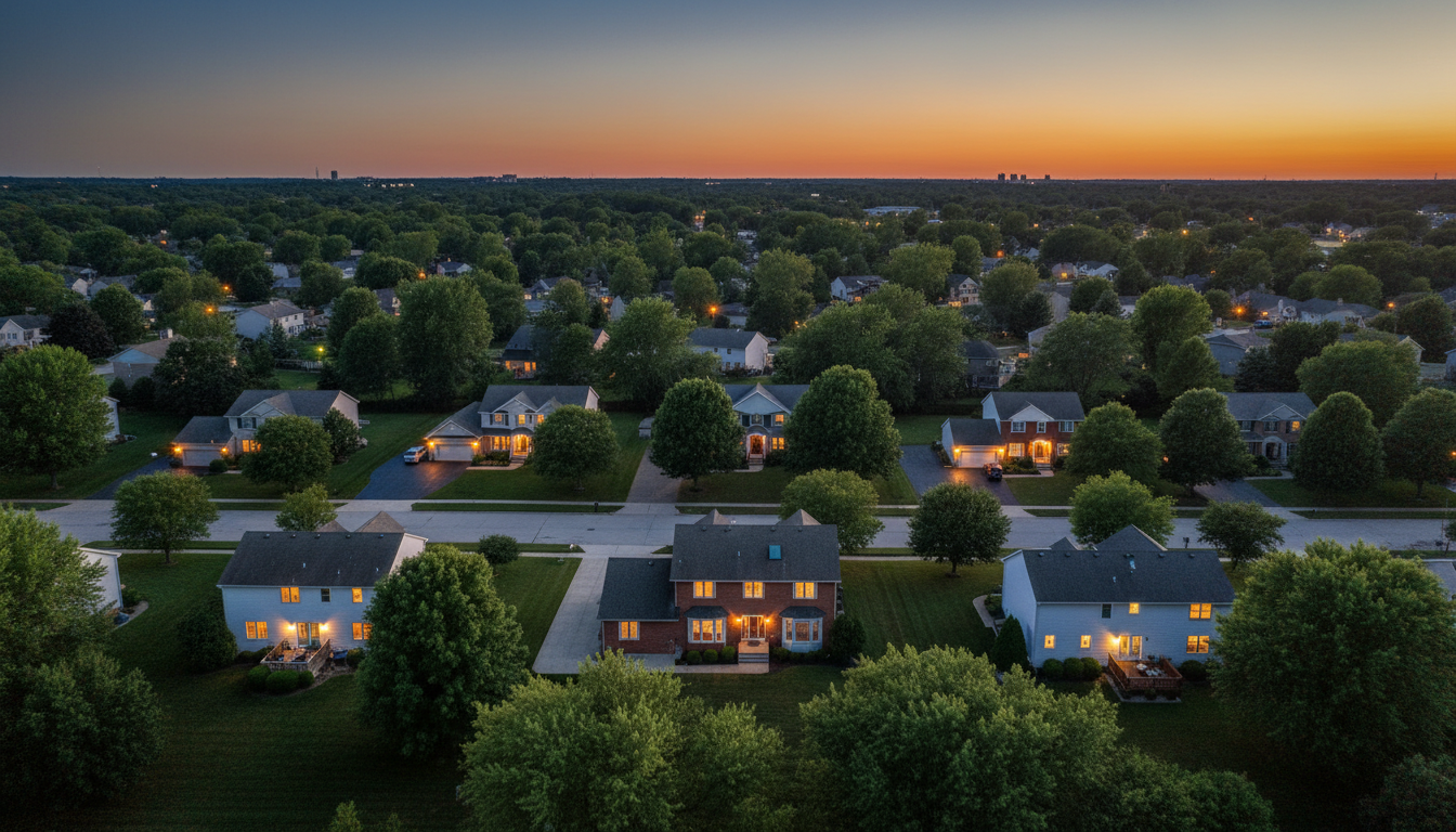 Neighborhood at dusk with home security
