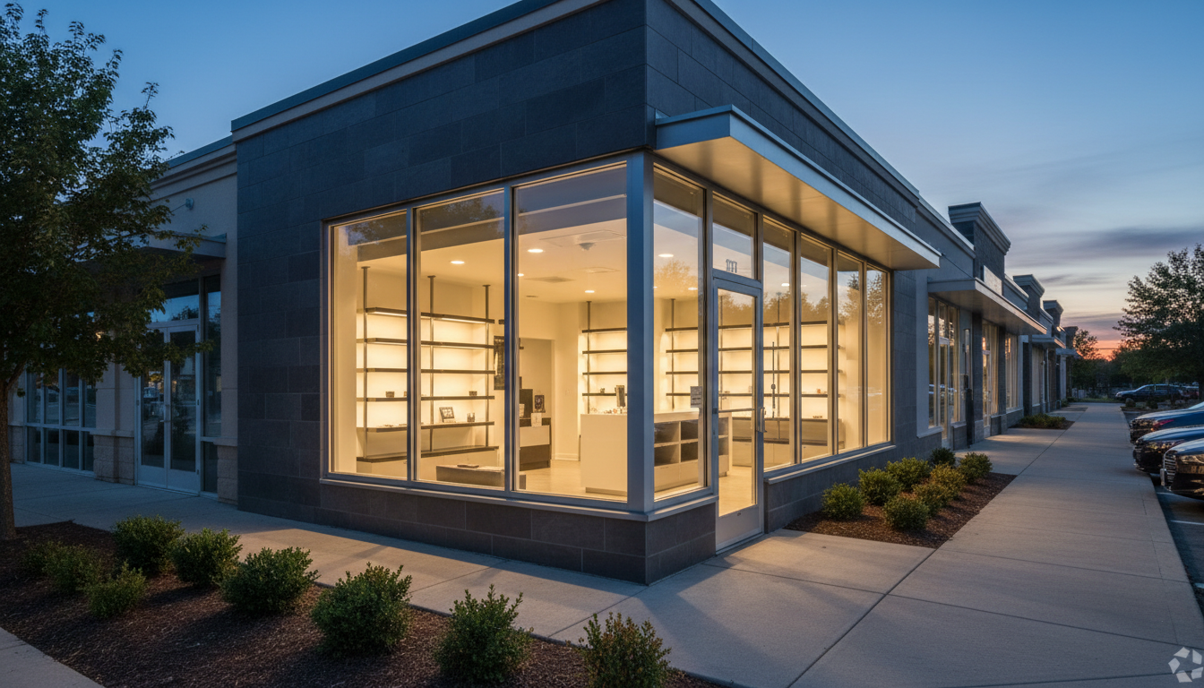 Clean modern small business storefront at dusk