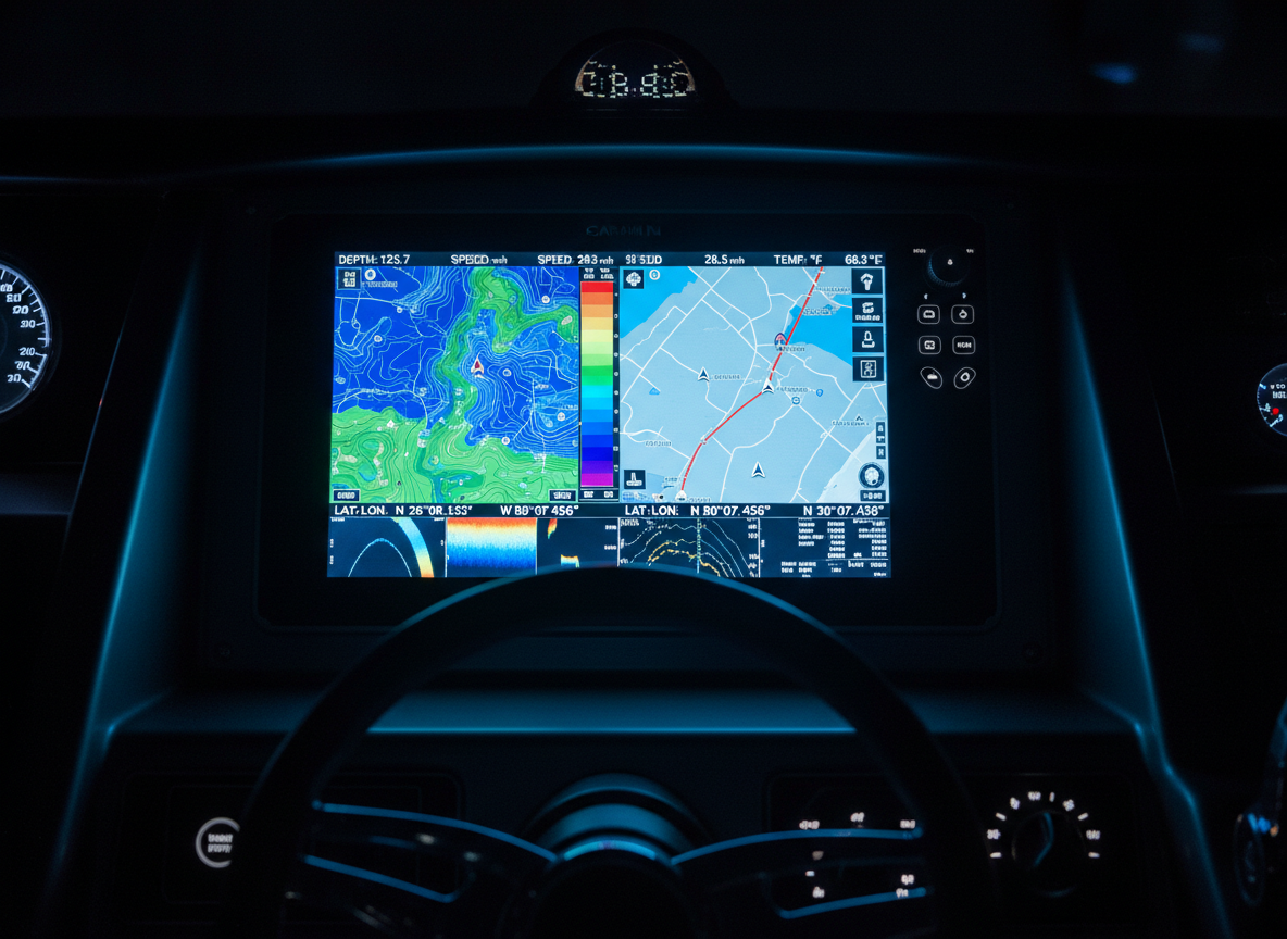 Marine electronics GPS display in boat cockpit