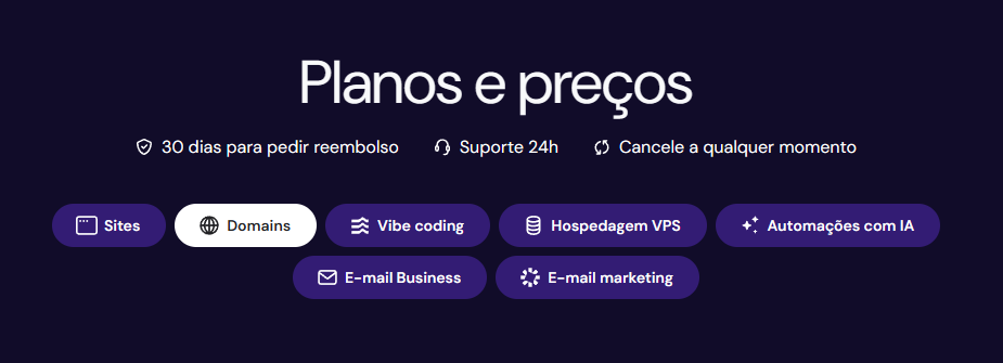 Selecionar opção Domains na Hostinger