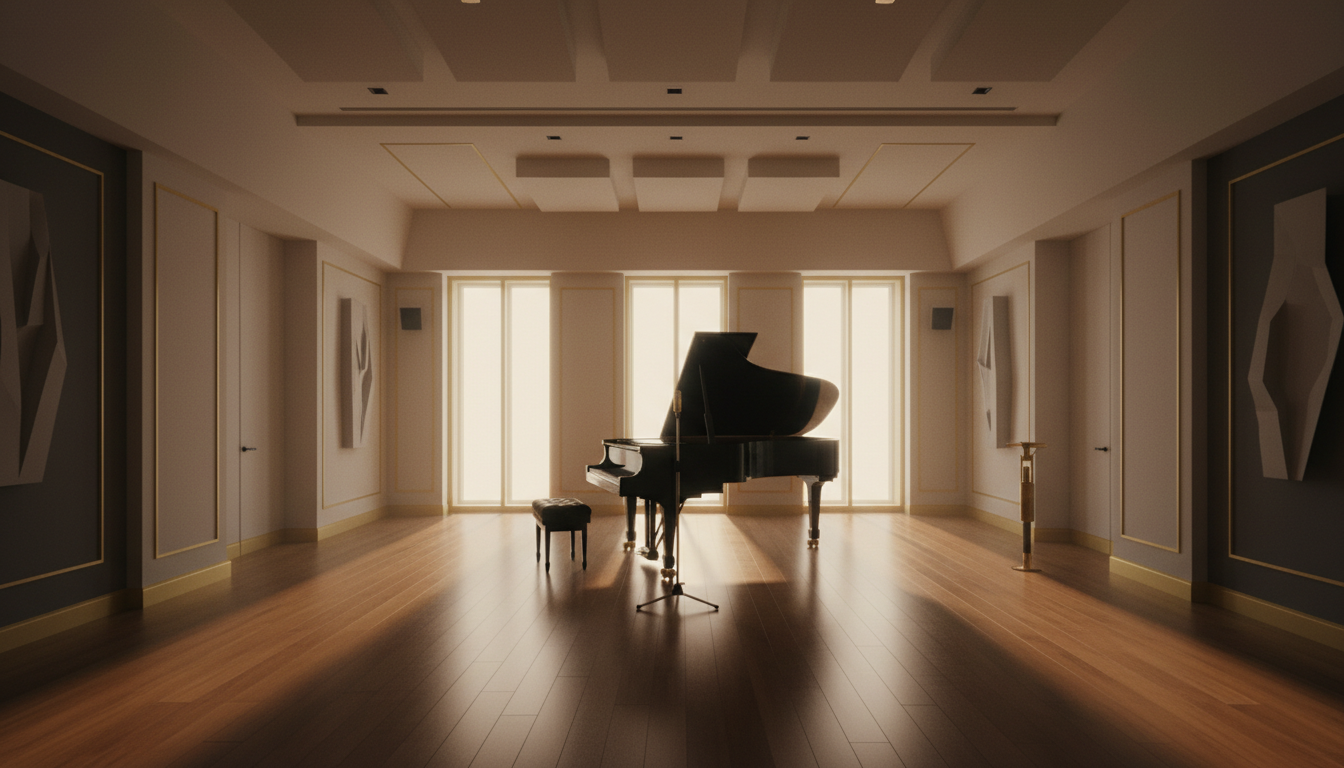 Luxury vocal studio with grand piano and warm ambient lighting