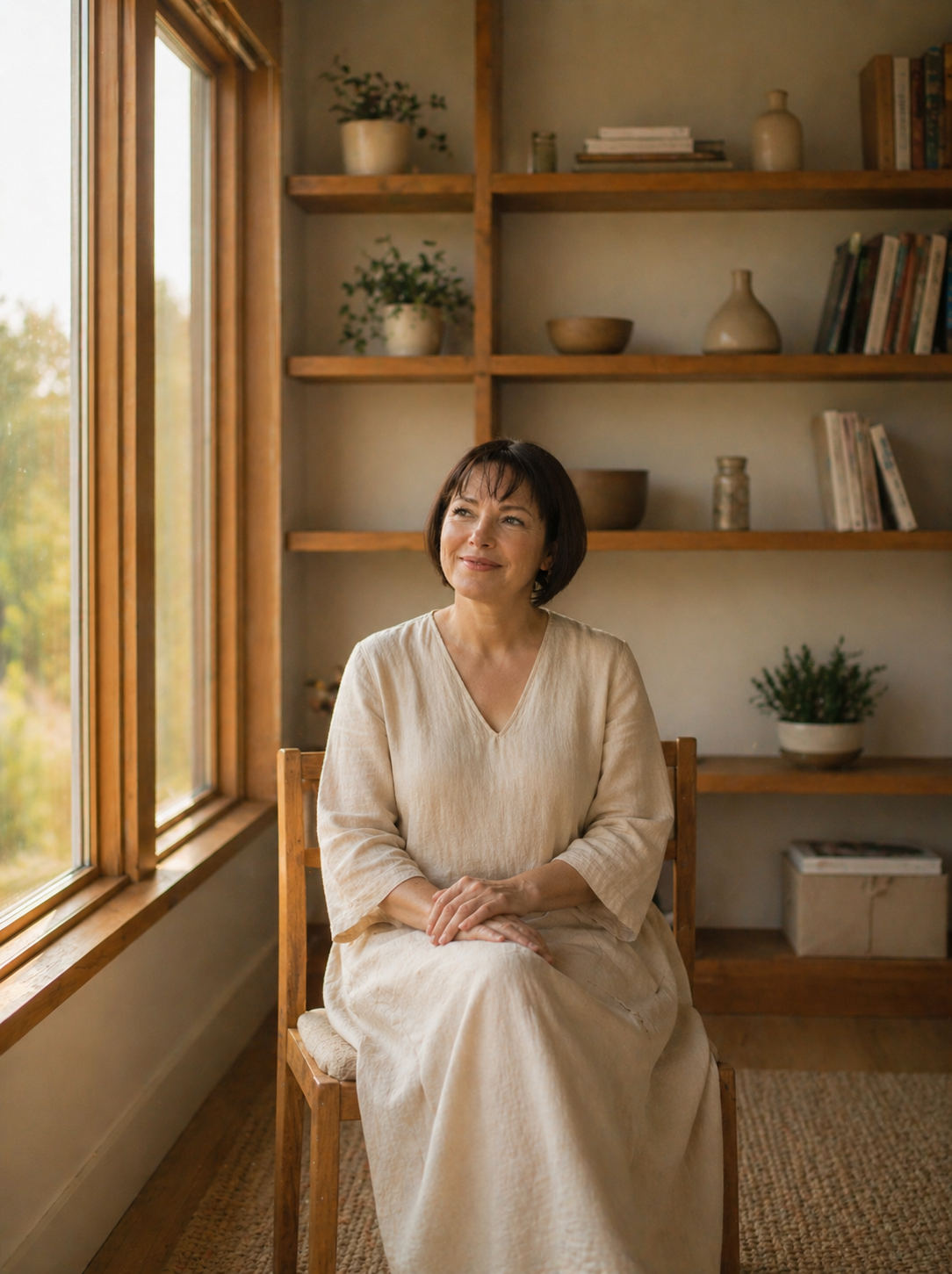 Irina Shatalova, birth doula and mother of six, in a warm sunlit room