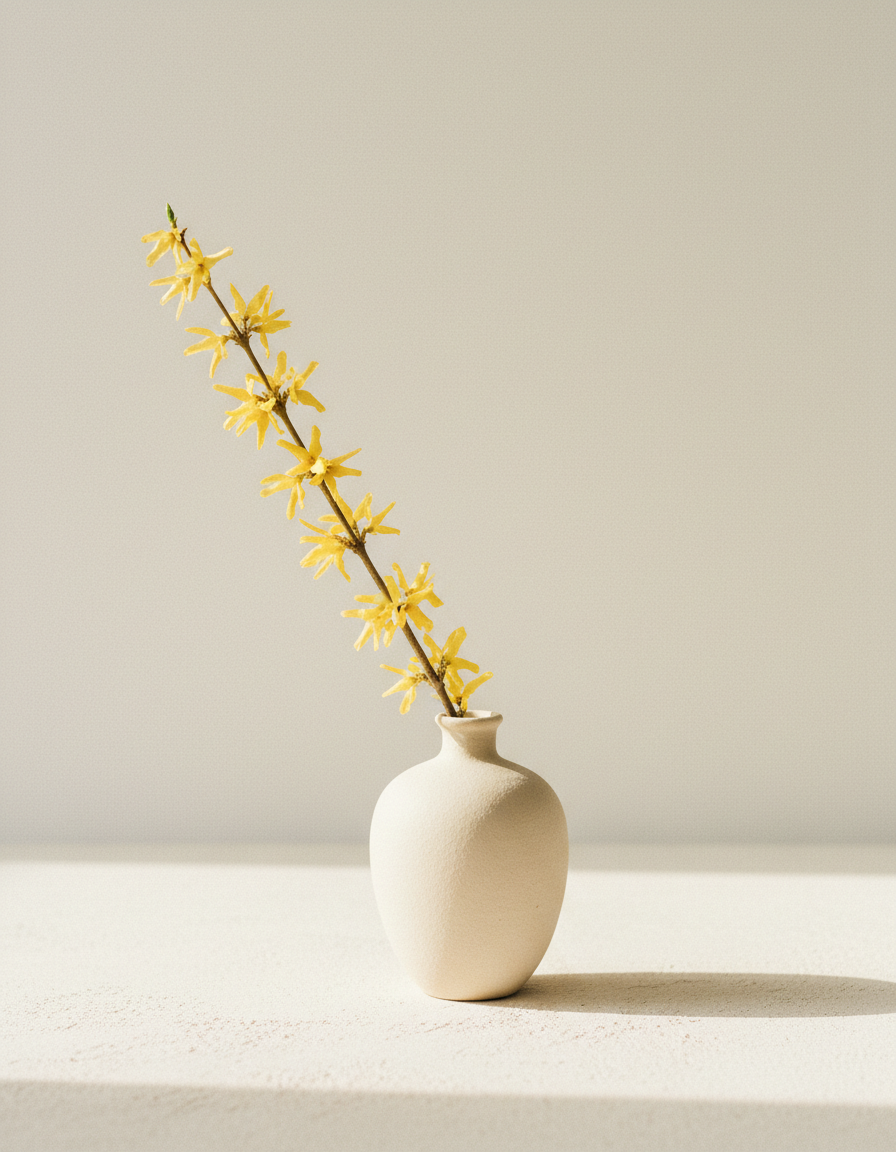 A forsythia branch in a ceramic vase, symbolizing renewal and new beginnings