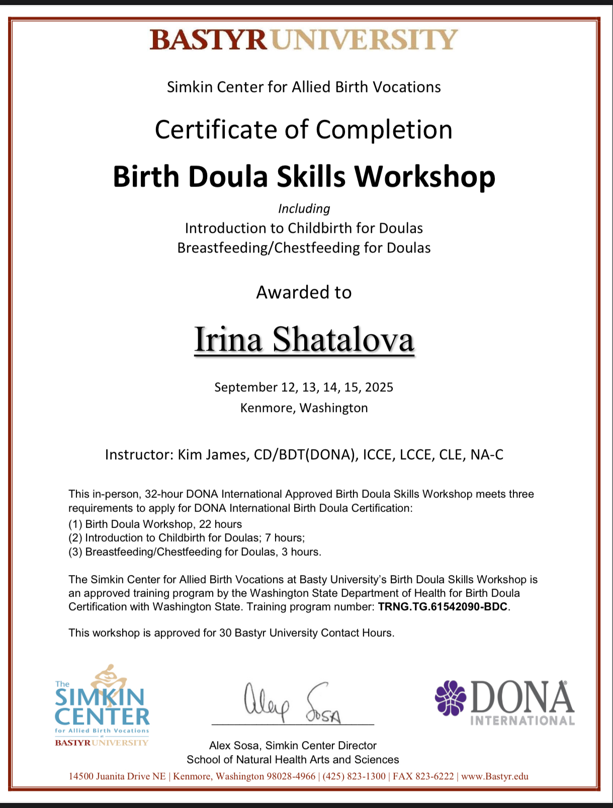 Birth Doula Skills Workshop Certificate, Bastyr University / DONA International