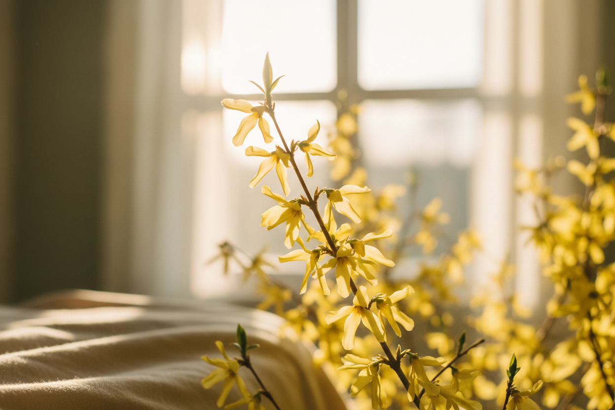 Forsythia blossoms in warm morning light, symbolizing hope and new beginnings