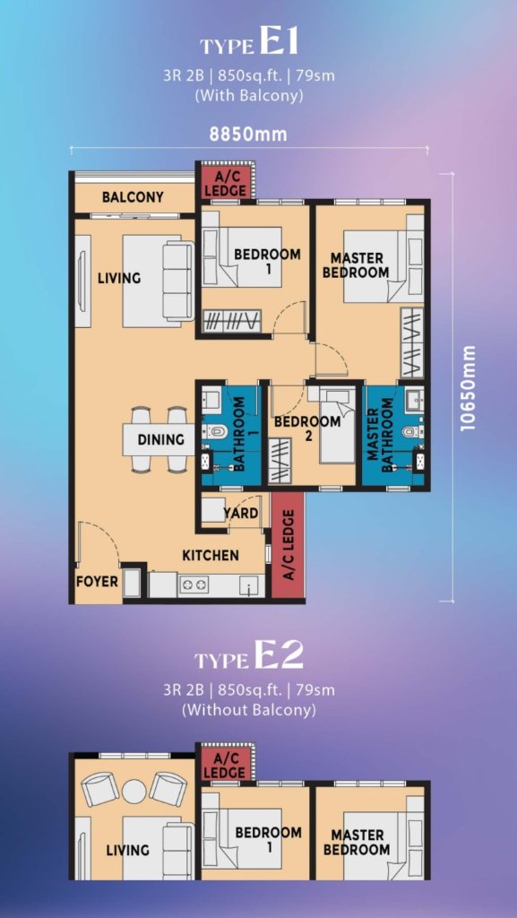 Causewayz Square 850 sq ft 3-Bedroom floor plan (850 sq ft, Brixton / Dover)