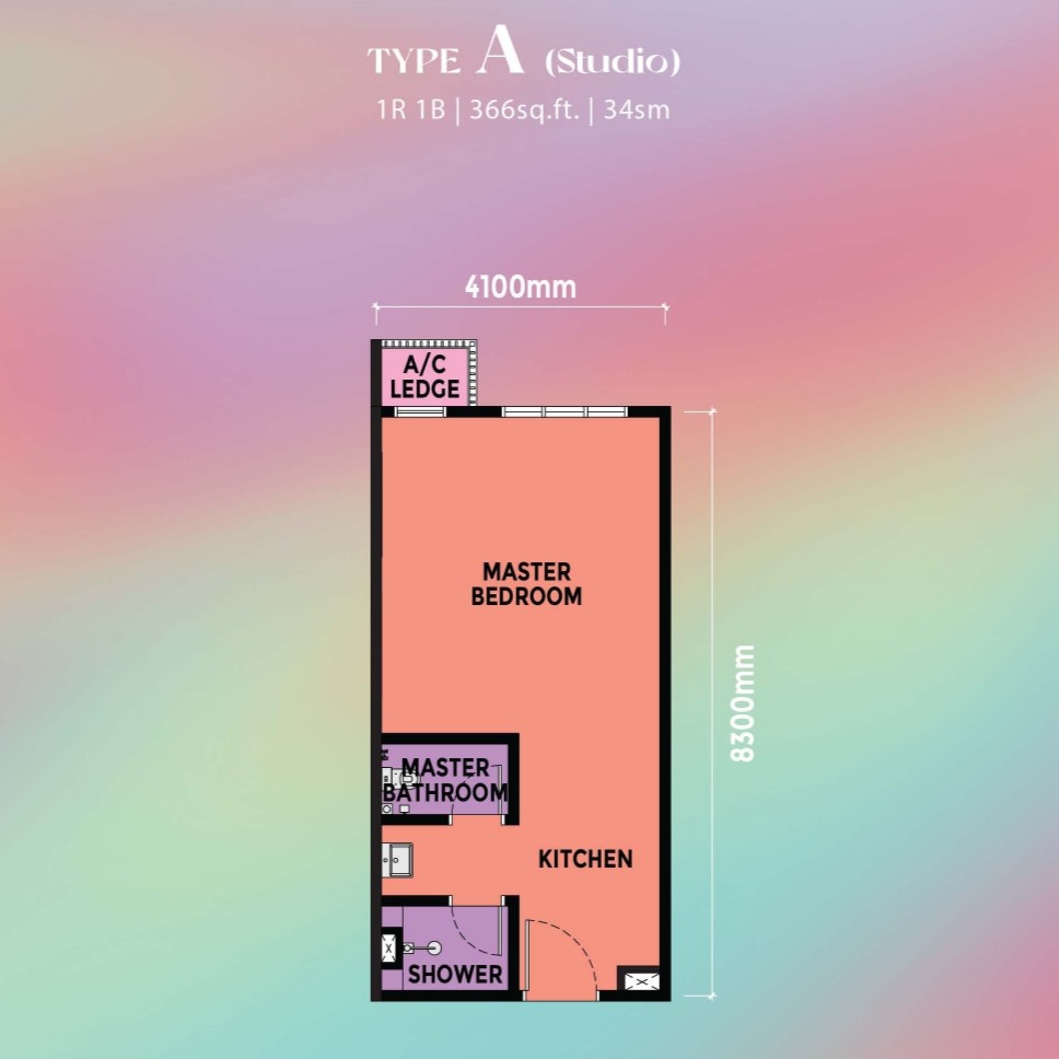 Type A: 366 sqft Studio floor plan