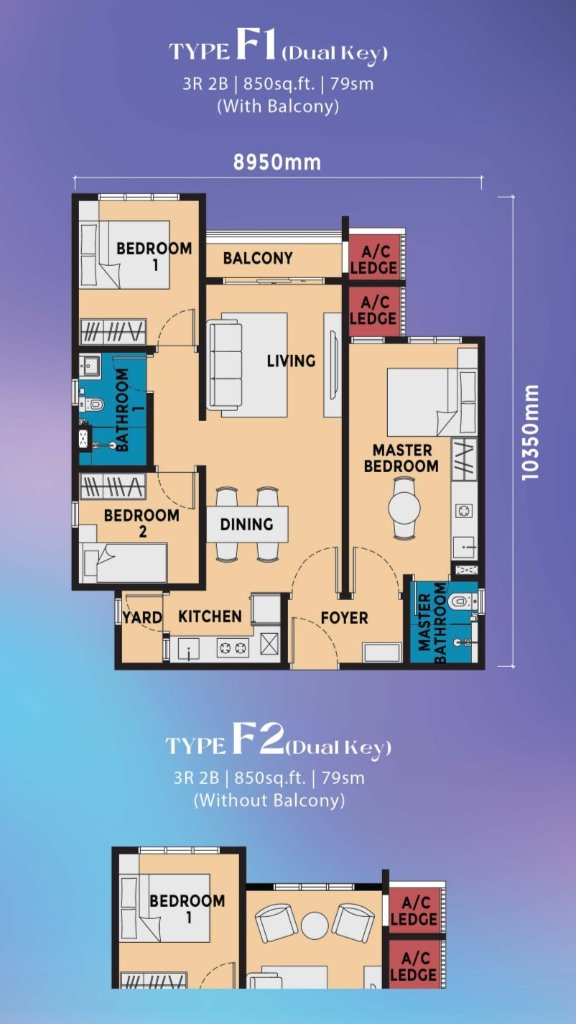 Causewayz Square 850 sq ft 3-Bedroom Dual-Key floor plan (850 sq ft, Brixton / Dover)
