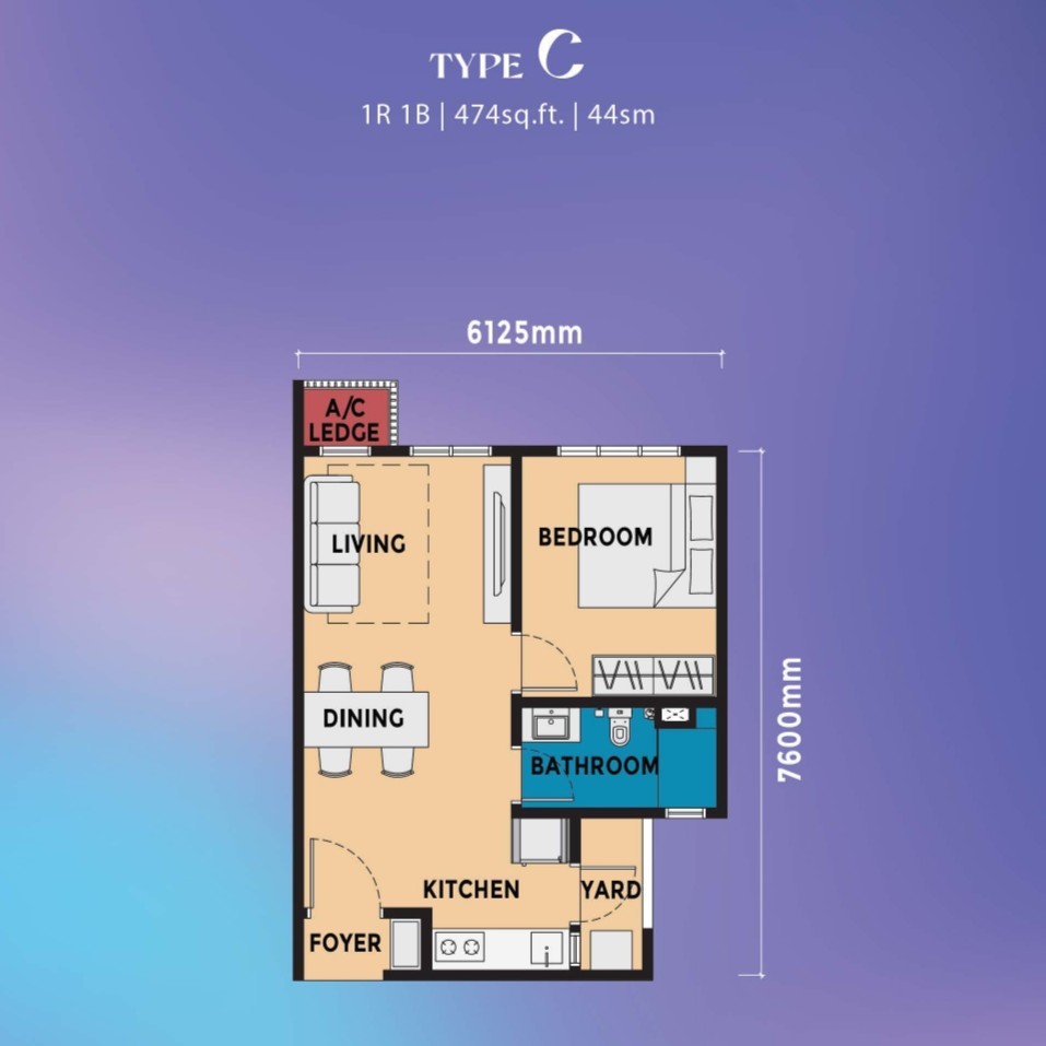 Causewayz Square 474 sq ft 1-Bedroom floor plan (474 sq ft, Brixton / Dover)