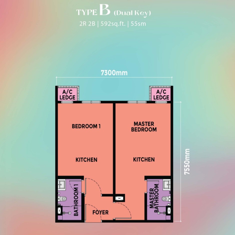 Type B: 592 sqft 2-Bedroom Dual Key floor plan