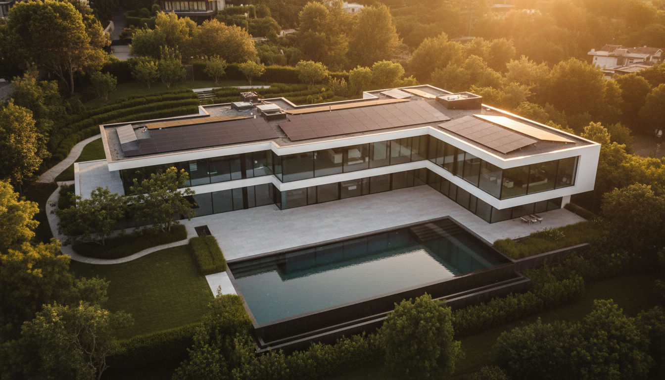 Premium solar installation on modern luxury home at golden hour