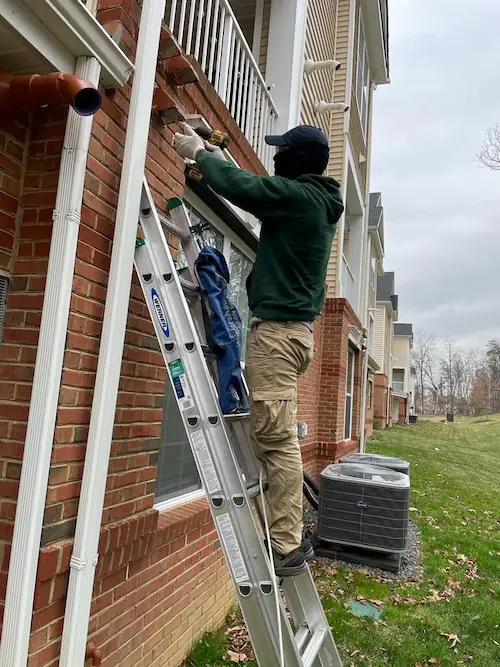 Bird removal from dryer vent — Nova Bird Removal & Vent Cleaning, Northern Virginia Bird removal technician installing bird guard on exterior vent in Northern Virginia home