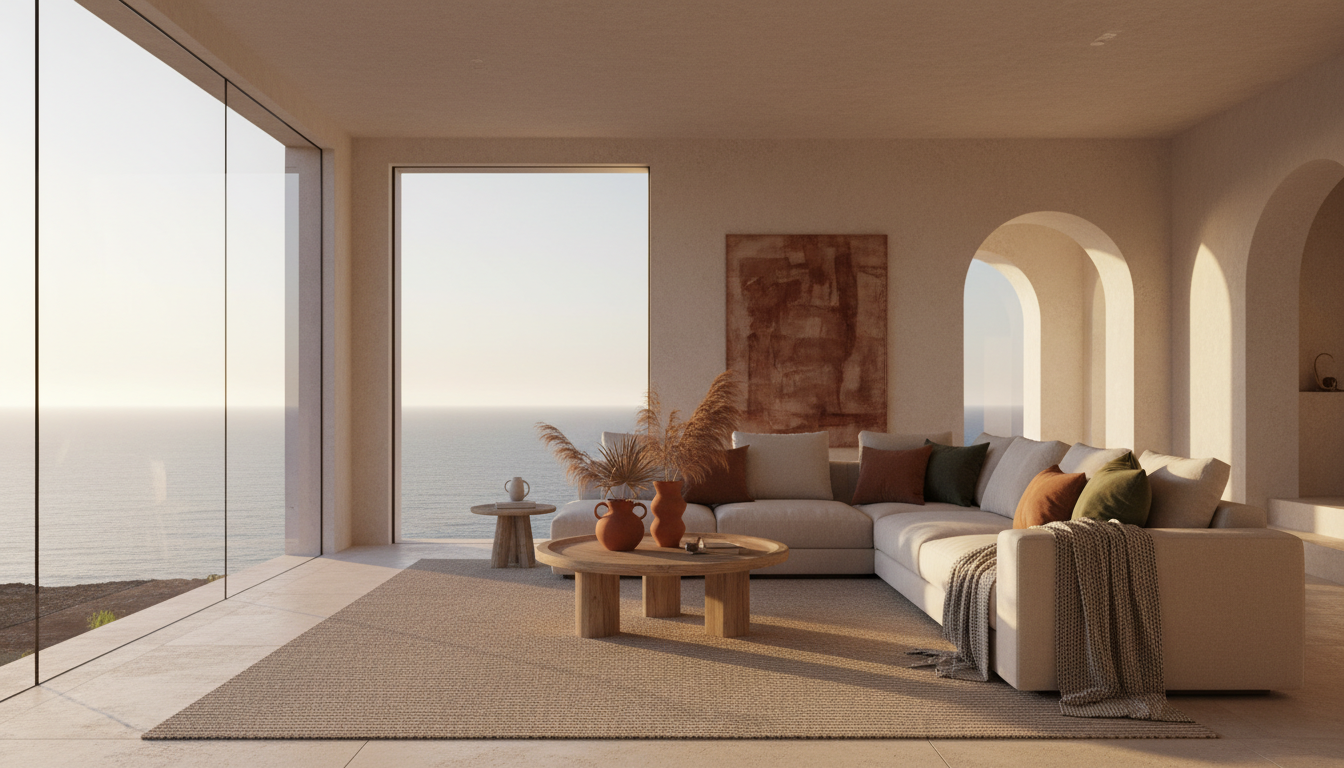 Interior de villa canaria con mobiliario de diseño sostenible