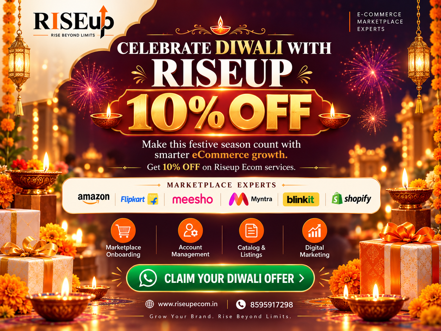 Diwali offer: 10% off Rise Up Ecom marketplace onboarding, account management, catalog and listings, and digital marketing services