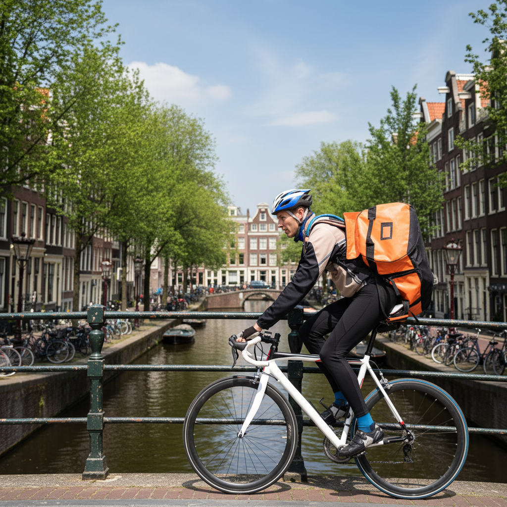Fietskoerier in Amsterdam centrum bezorgt milieubewust pakketten en brieven