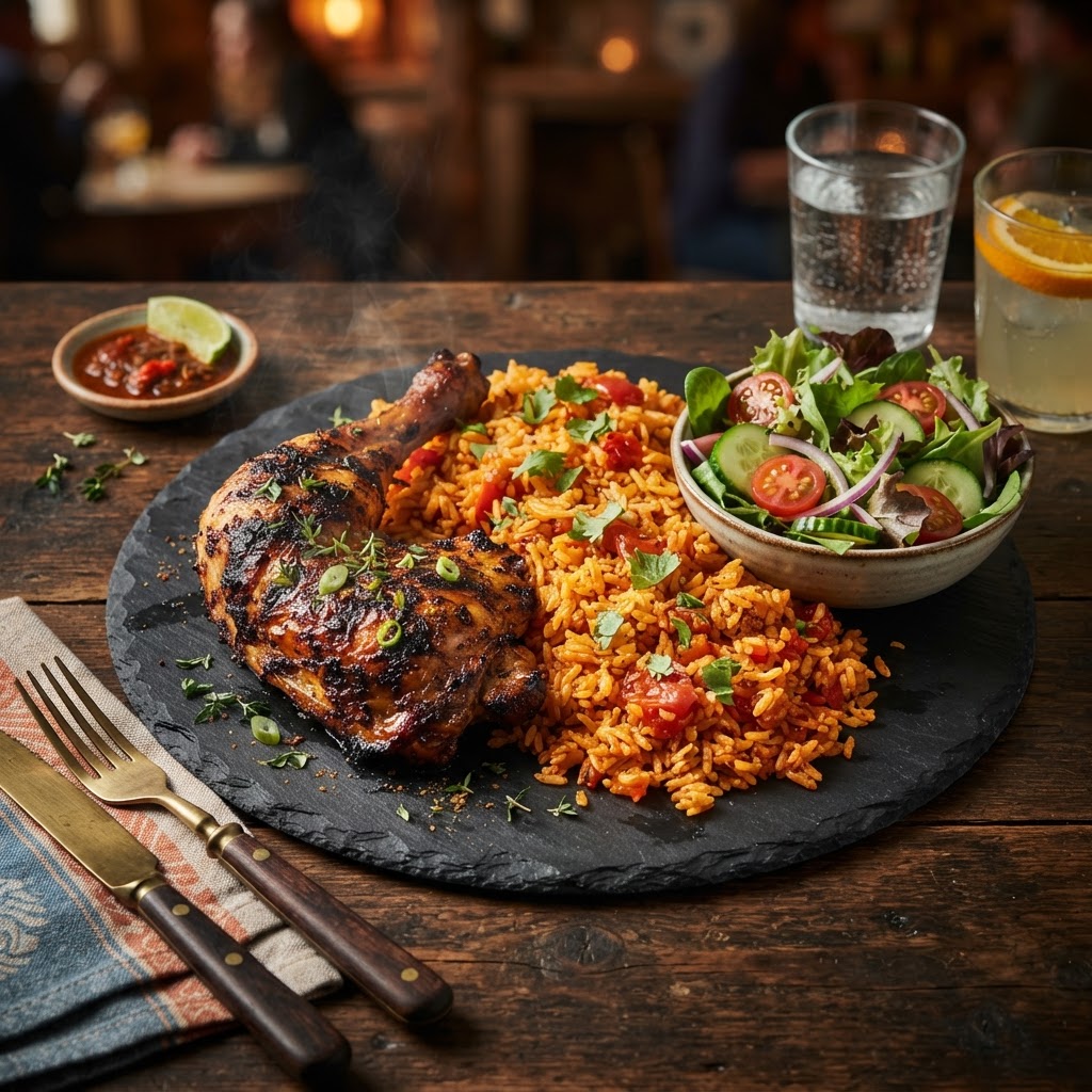 Grilled jerk chicken with jollof rice and fresh salad