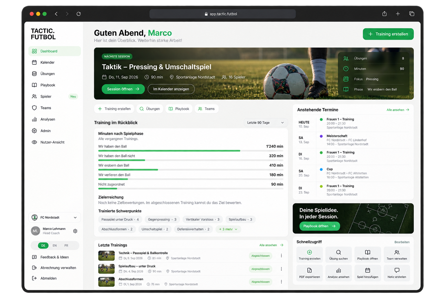 tactic.futbol — von leerer Session bis zur ganzen Saison
