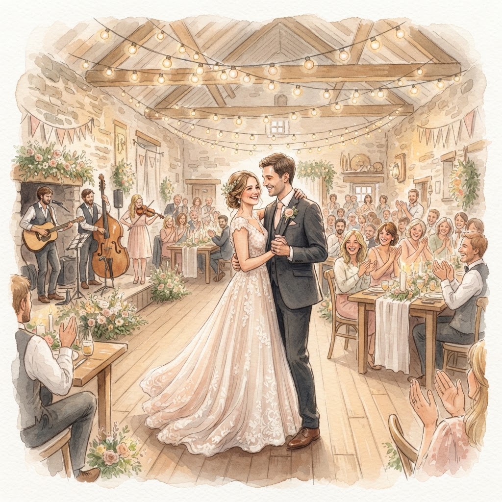 Watercolor illustration of a couple sharing their first dance in a village hall while guests clap
