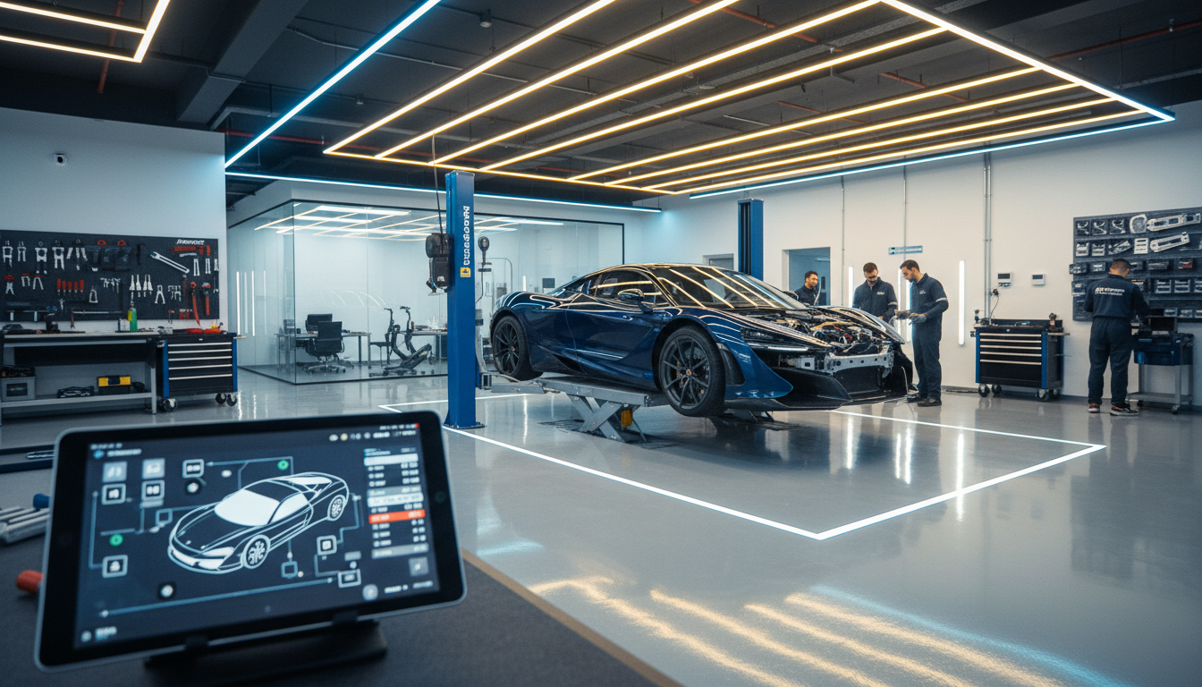 Modern auto body repair shop with professional equipment